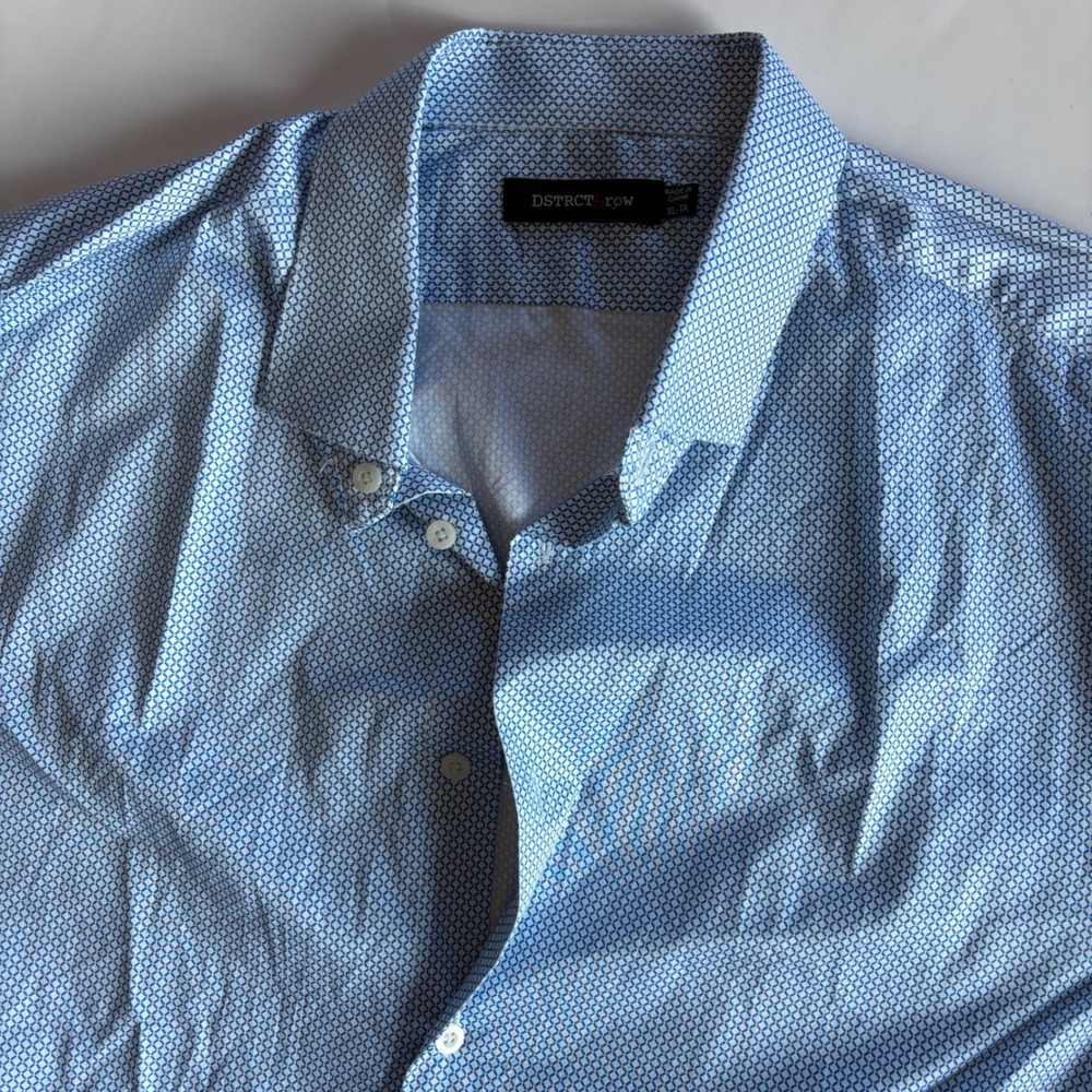 DSTRCT & ROW Mens‎ XL-Tall Blue White Geometric Diamond Short Sleeve Button Down